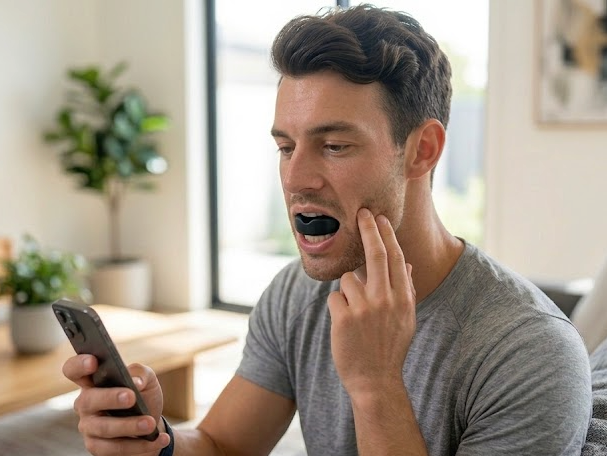 Man training with the JAWFORGE jawline trainer at home