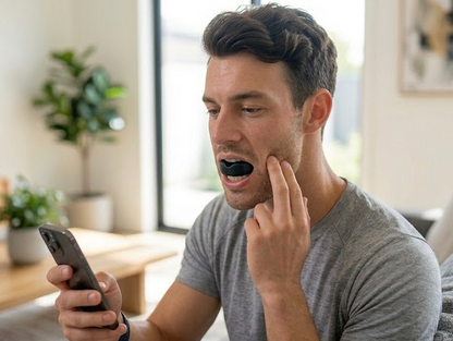 Man training with the JAWFORGE jawline trainer at home