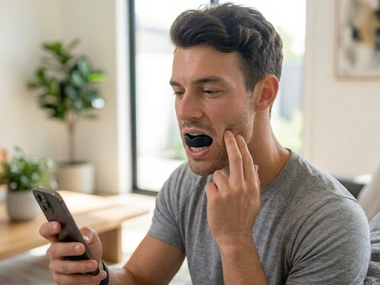 Man training with the JAWFORGE jawline trainer at home